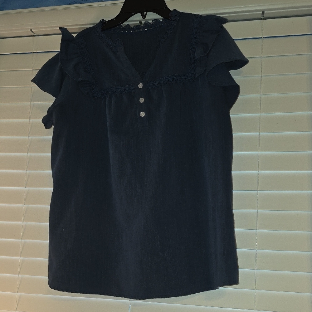 +Navy Ruffle Sleeve V-Neck Blouse